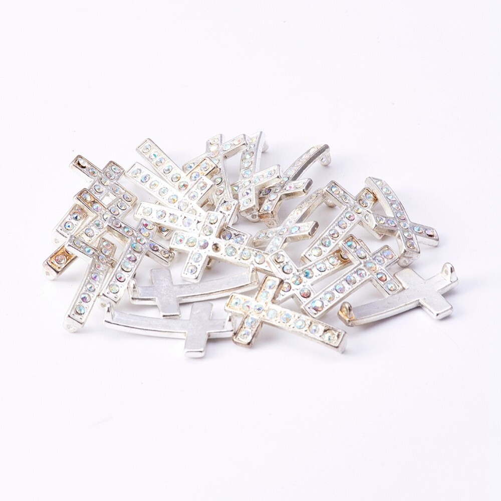 Silver Plated Alloy Rhinestone Links, Cross Set of 5