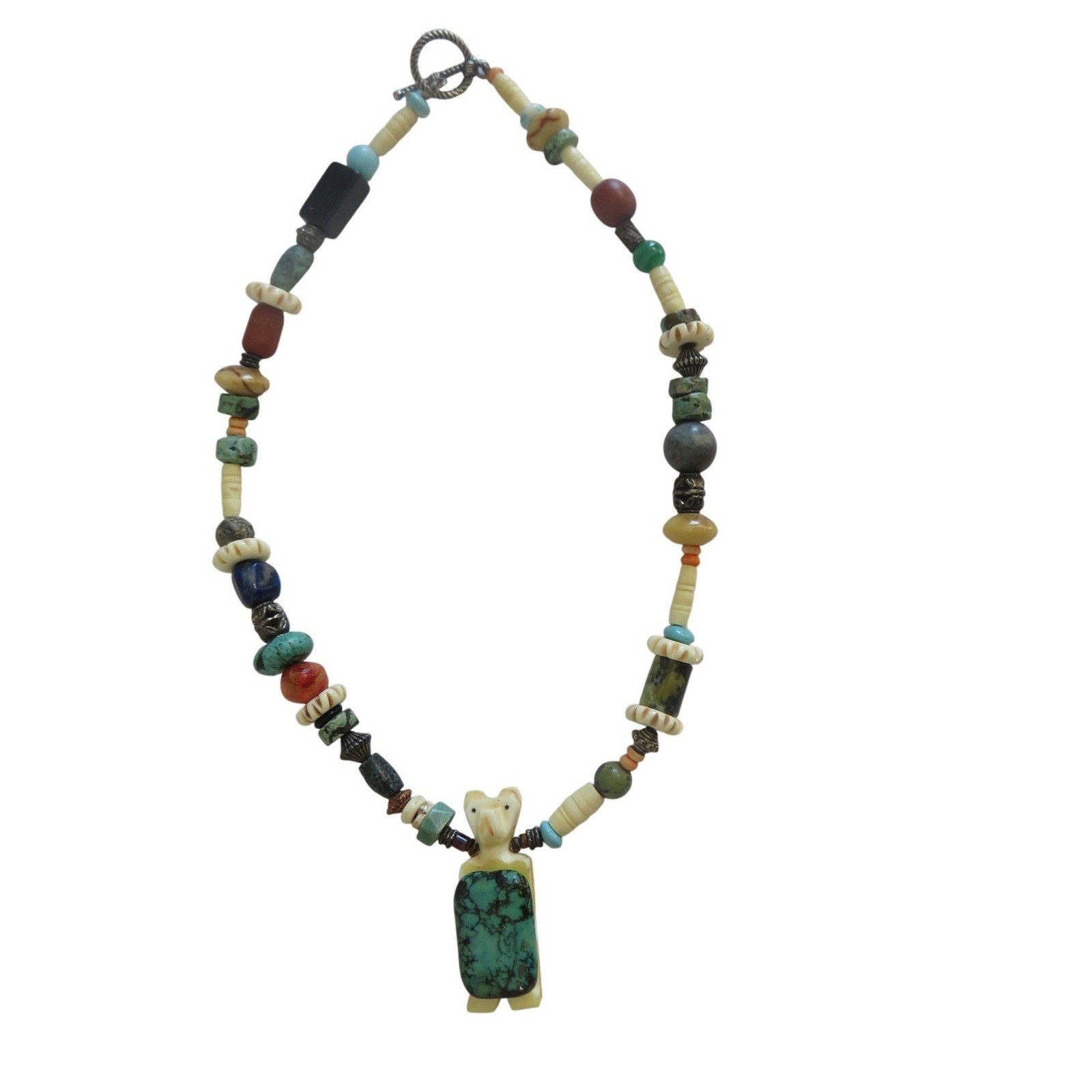 Handmade Beaded Bear Fetish Necklace Turquoise Lapis Bone Stone Southwestern