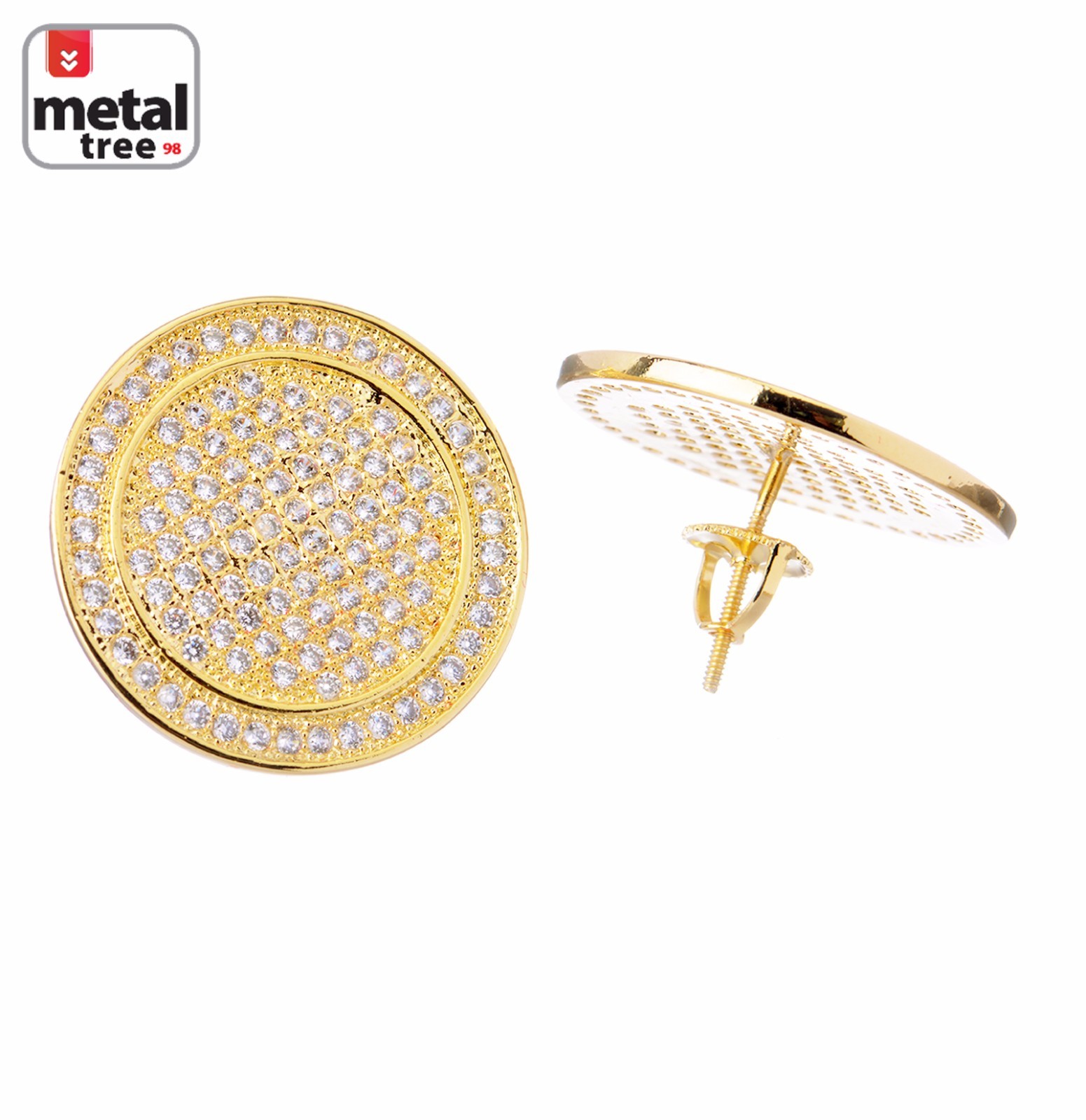 Fashion Hip Hop 14k Gold Plated XXL Flat Screen Round Screw Back Stud Earrings