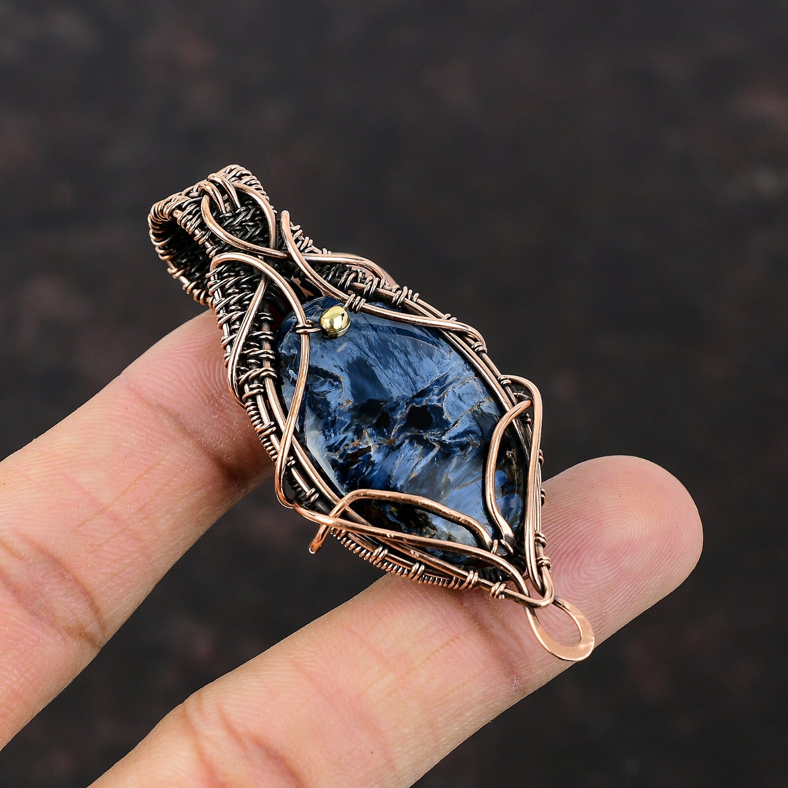 Pietersite Gemstone Wire Wrapped Pendant Handcrafted Copper Ethnic Jewelry 2.64″