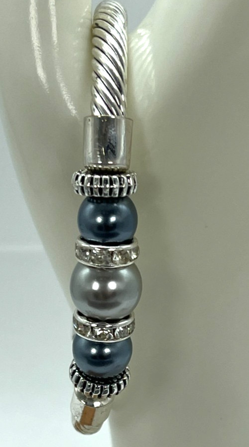Bracelet Stainles Steel w/Gray Simulated Pearls & Clear Crystal Accents 7 Inches