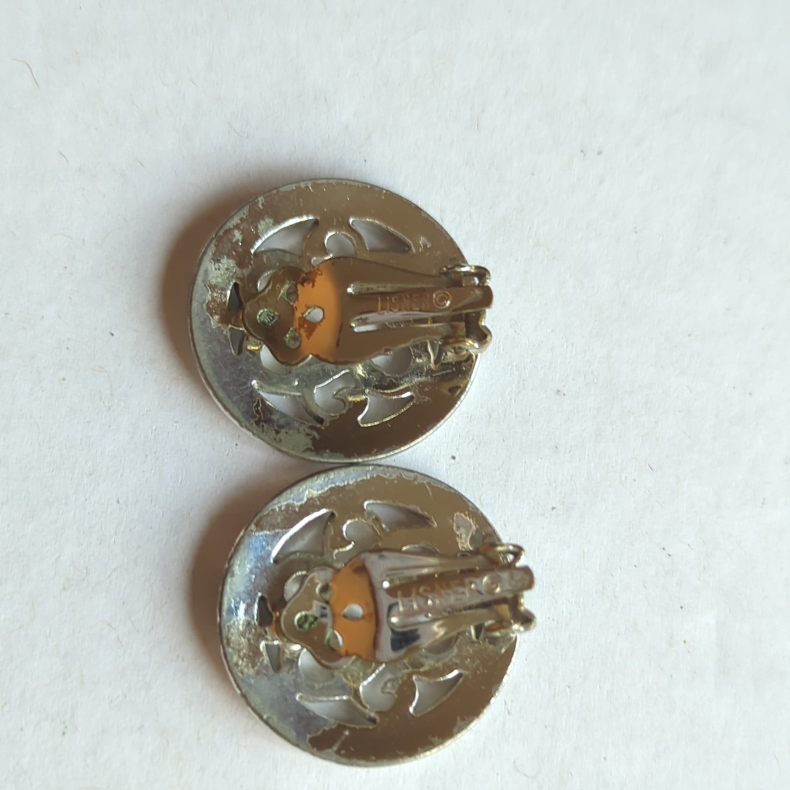 Vintage Signed Lisner Silver Tone Round Monogram Clip-On Lobe Earrings