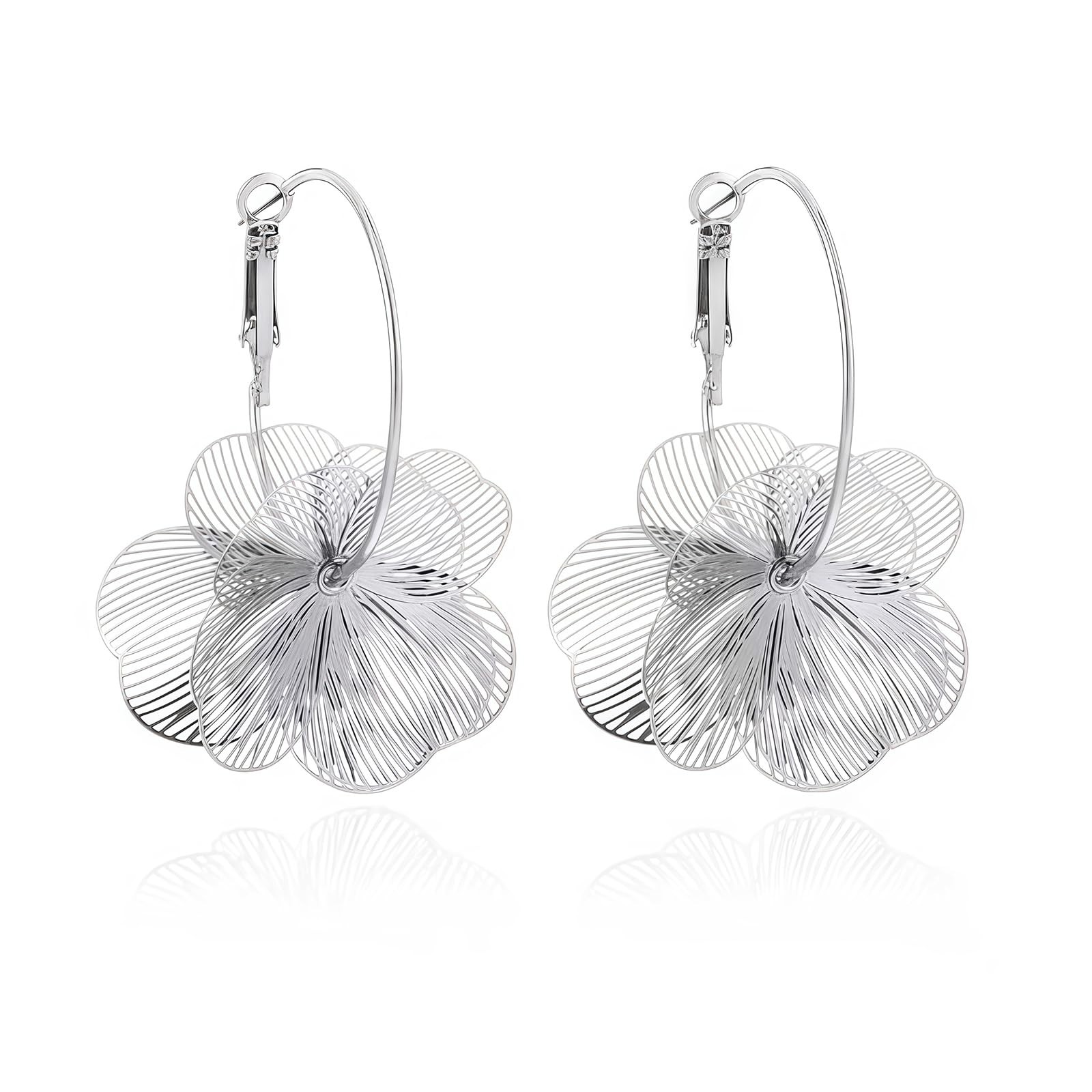 Silver Flower Dangle Earrings for Women – Cute Statement Trendy Floral Drop E…