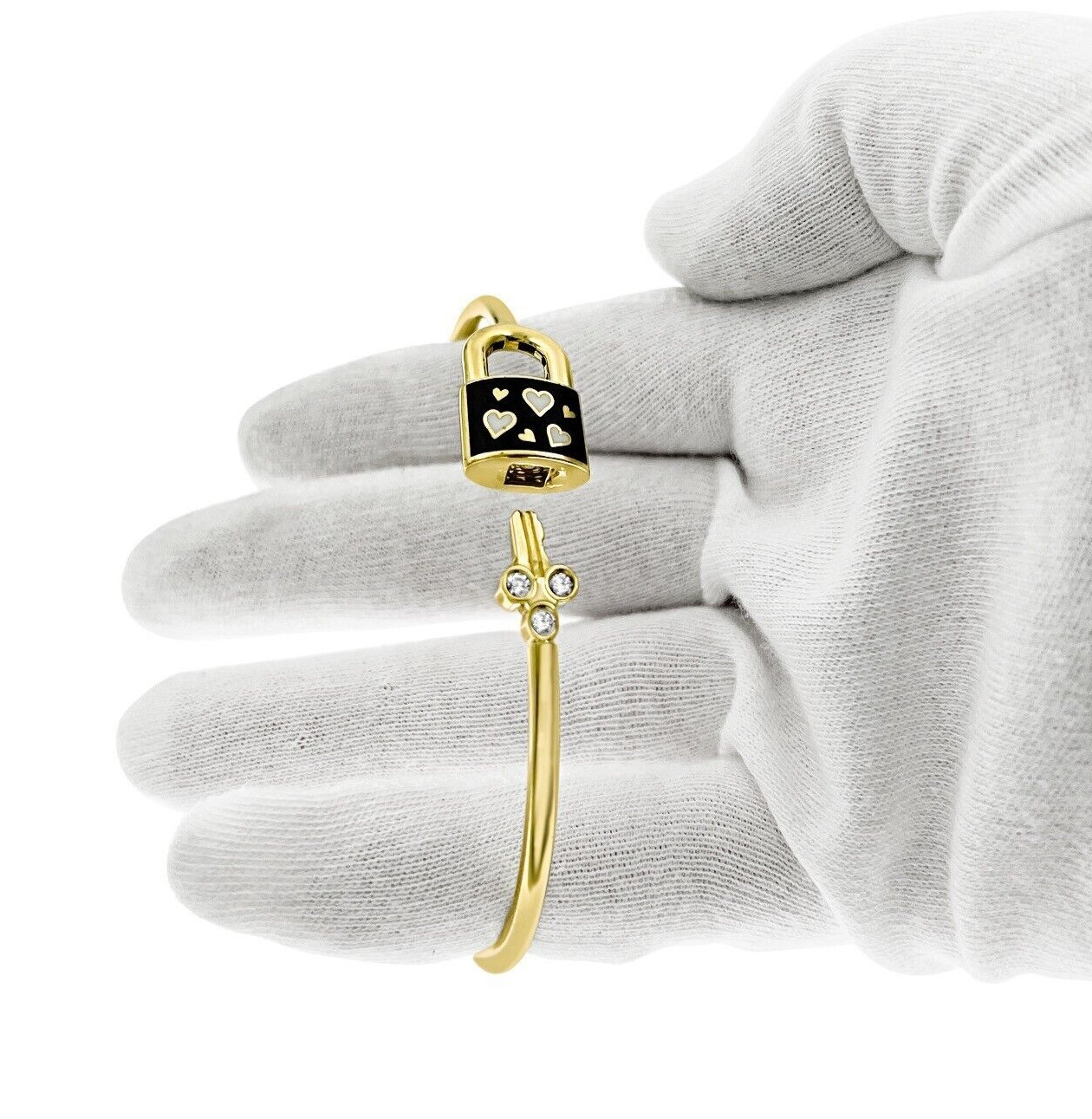 10k Yellow Gold Stackable Hinged Lock Enameled Bangle Bracelet CZ