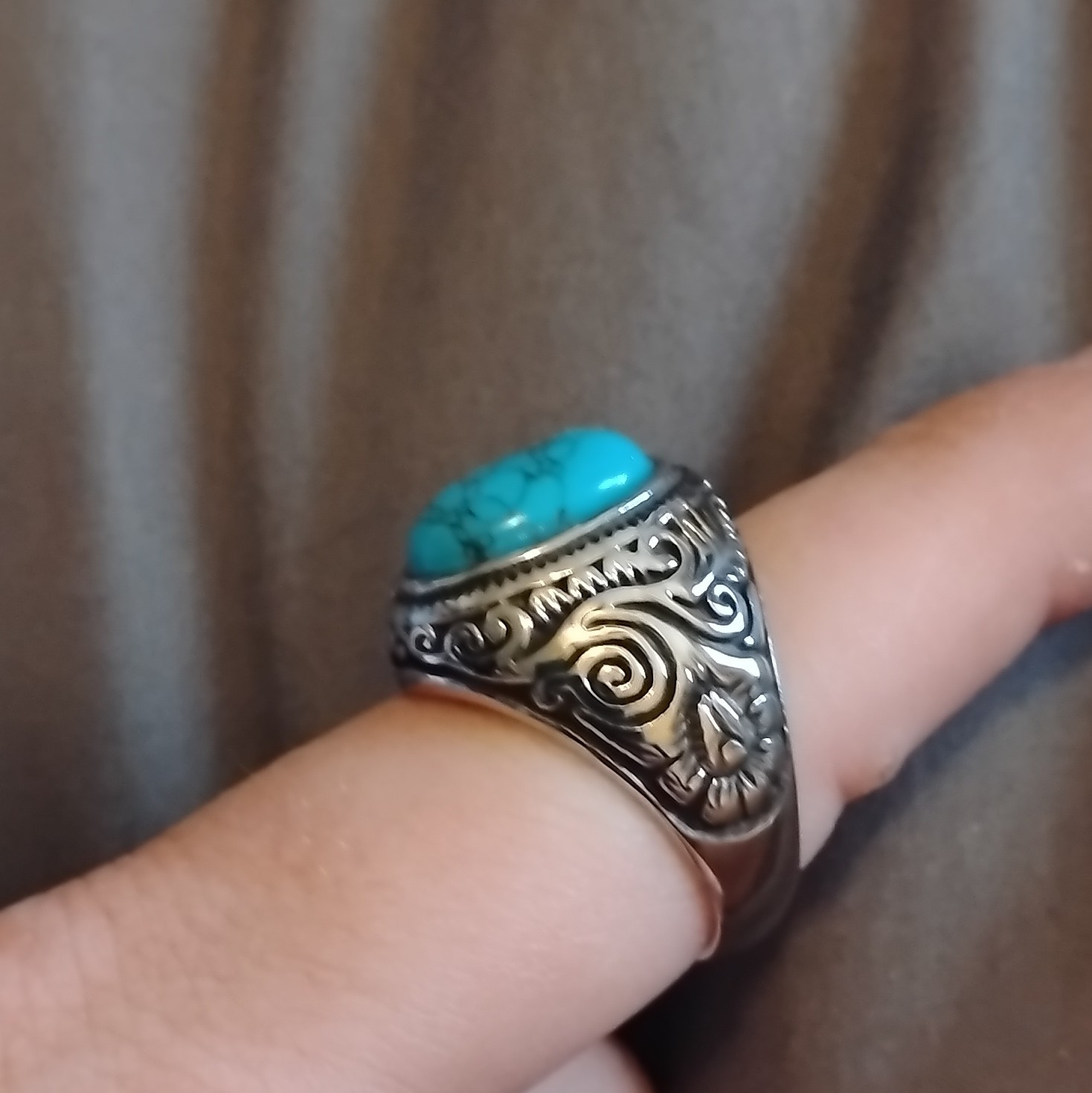 Outlaws Amsterdam Silver Tone Bezel Band Ring Size 10 Oval Blue Turquoise Stone