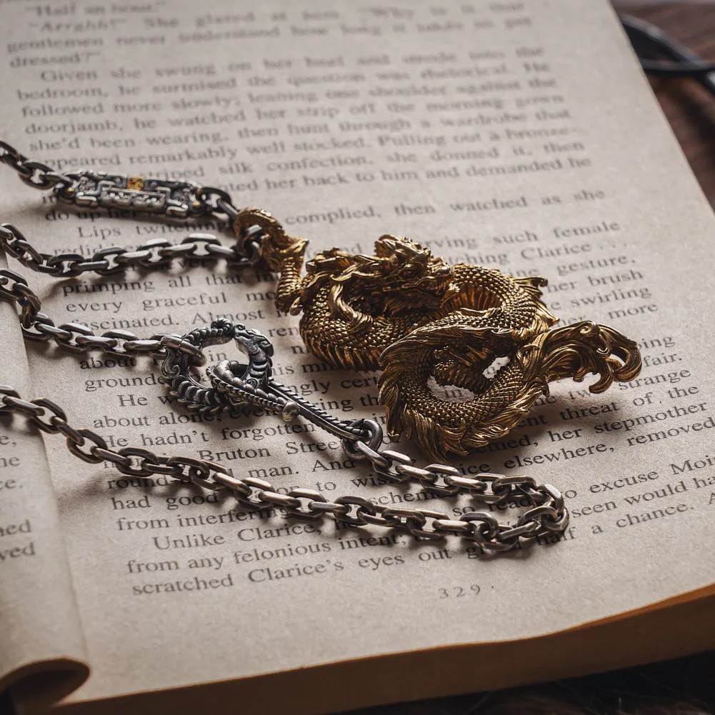 Dragon Pendant Necklace for Men Cool Gothic Punk Brass Dragon Head Animal