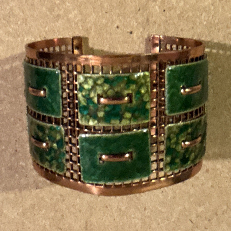 vintage Matisse Renoir copper cuff bracelet featuring vibrant green enamel