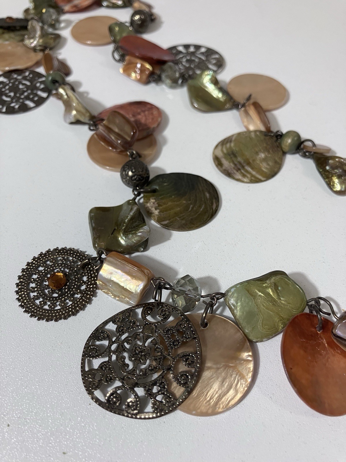 Boho Mother of Pearl Shell Statement Necklace Filigree Green Peach 24in