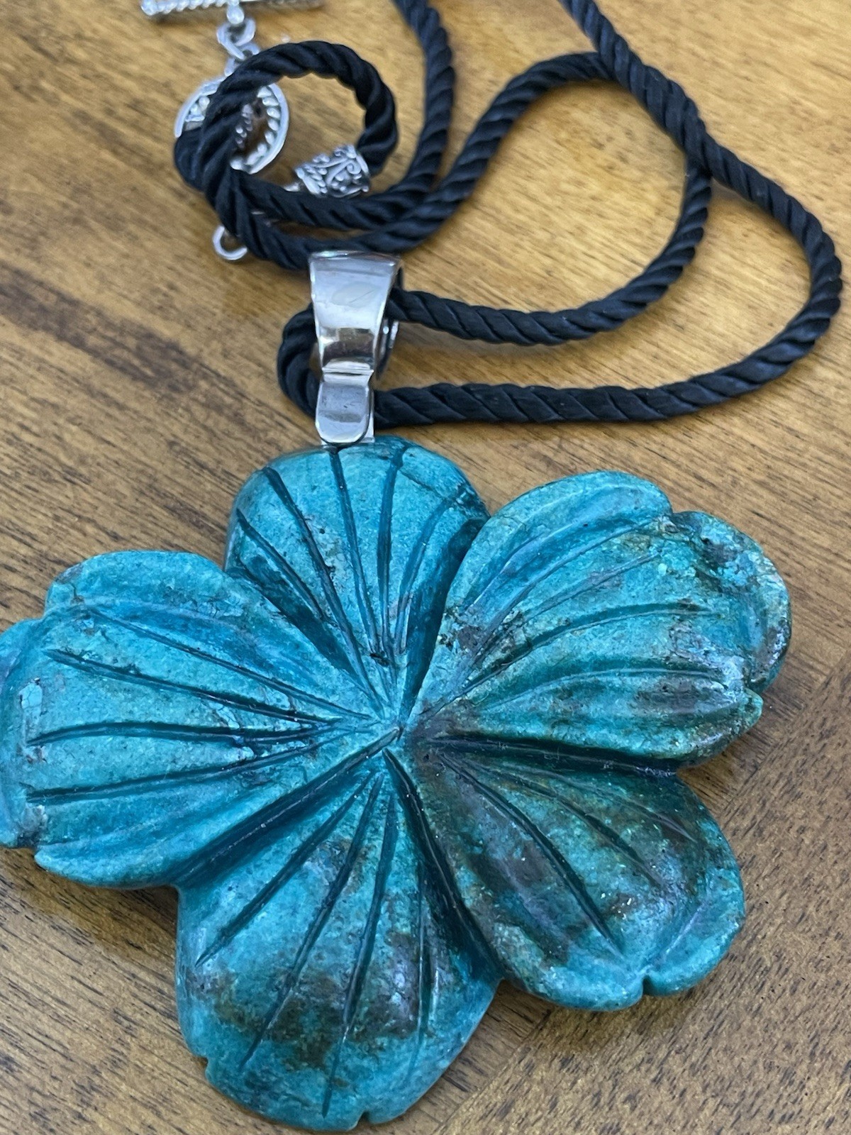 Large Carved Turquoise Look Flower Pendant. 925 Clasp On Rope