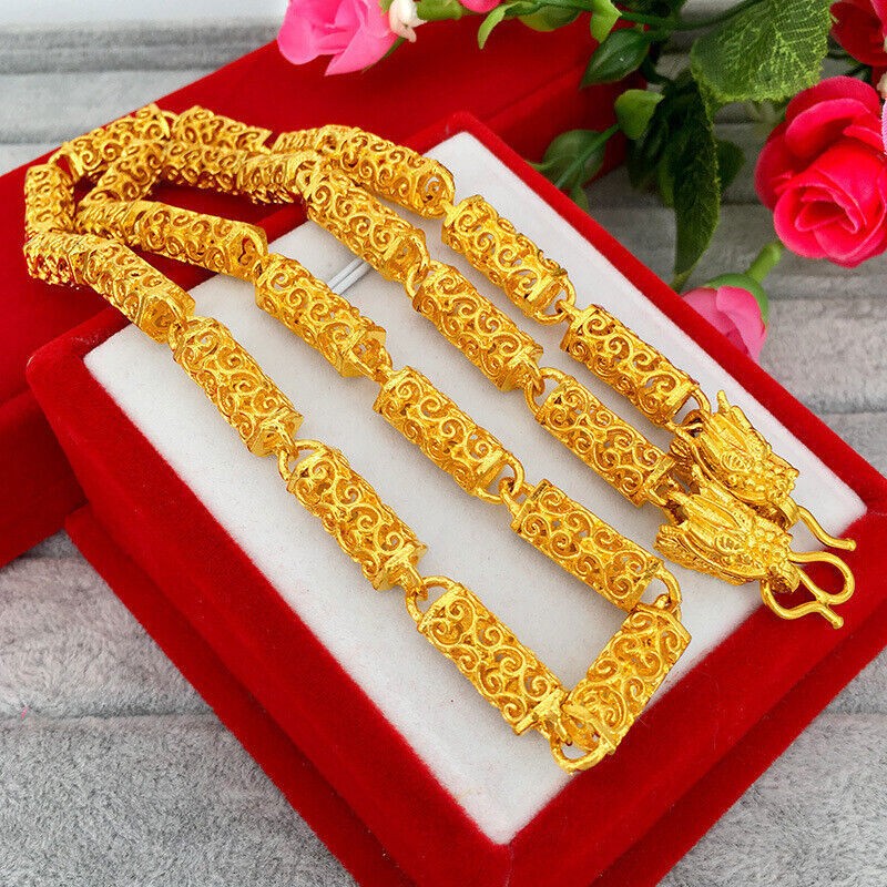 Men’s 24K Thai Gold Buddha Pearl Dragon Head Necklace Hollow Cylinder Chain 3D