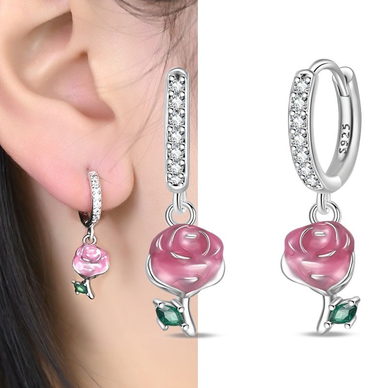 PANDACH 925 Sterling Silver Pink Rose Drop Earrings For Women Hoops Jewelry Gift