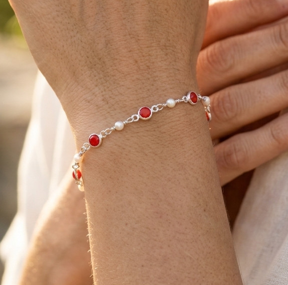 Red Ruby & Pearl Silver Plated Minimalist Boho Chain Bracelet | Handmade Premium