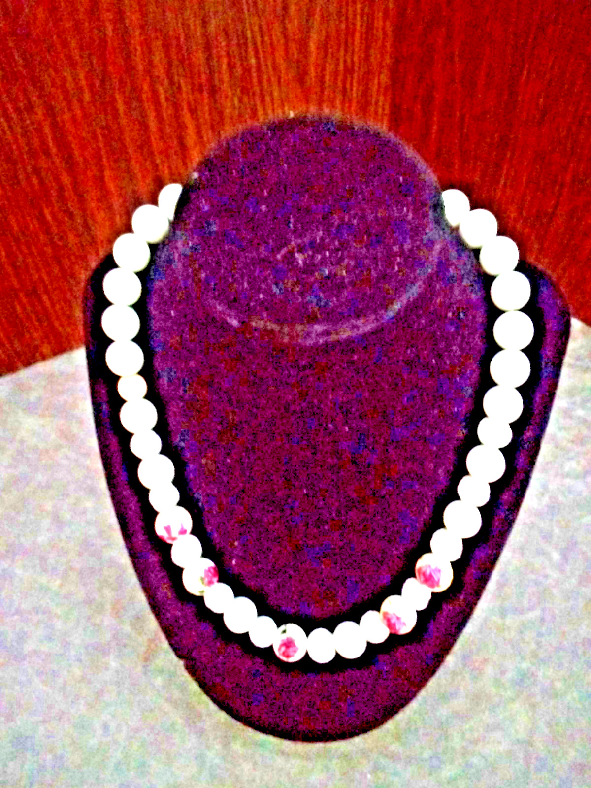 Handcrafted White Beaded Necklace with Pink Painted Flower Accent Beads