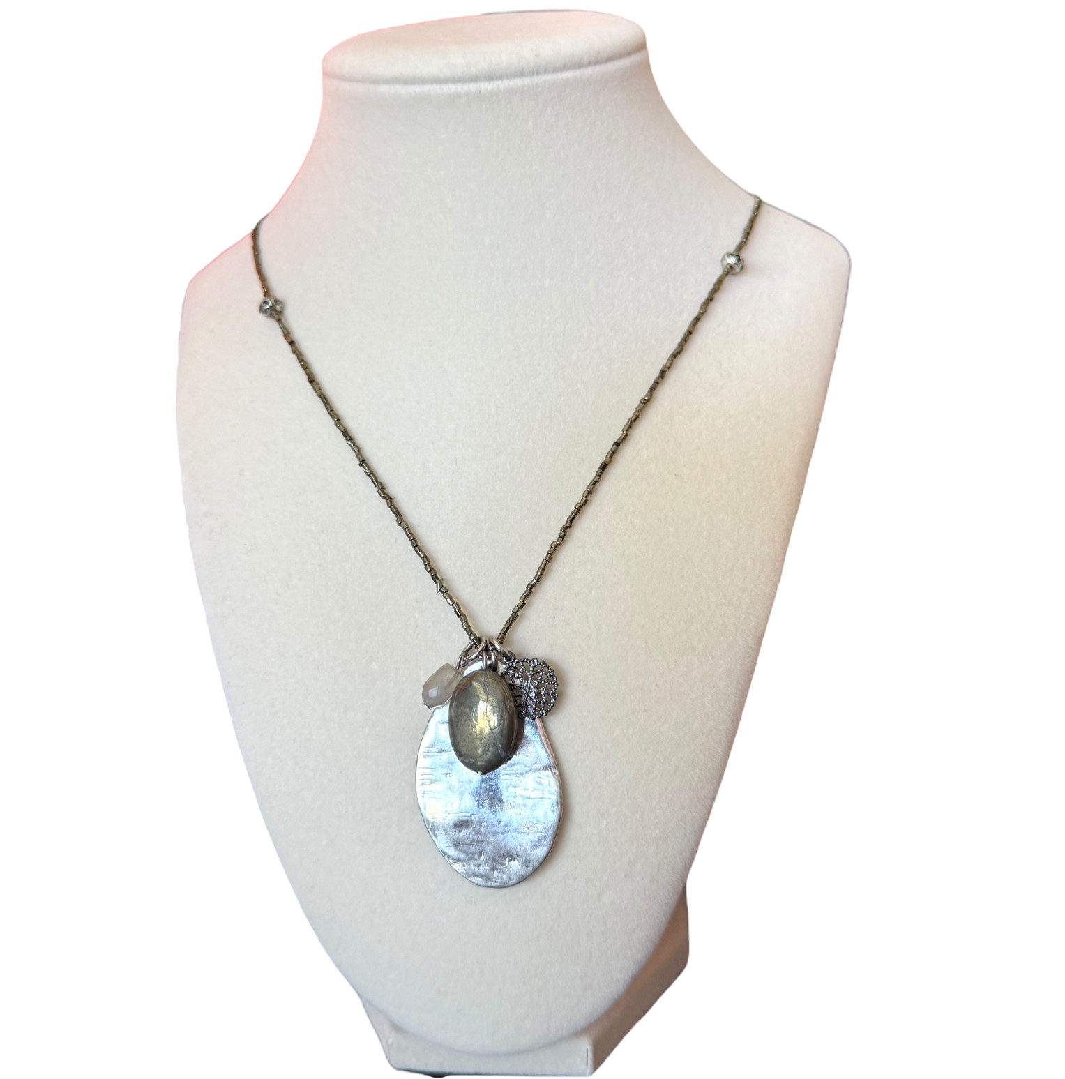 J Jill Necklace Silver Tone Charm Pendant Beaded Chain 16″ Boho Artisan Coastal