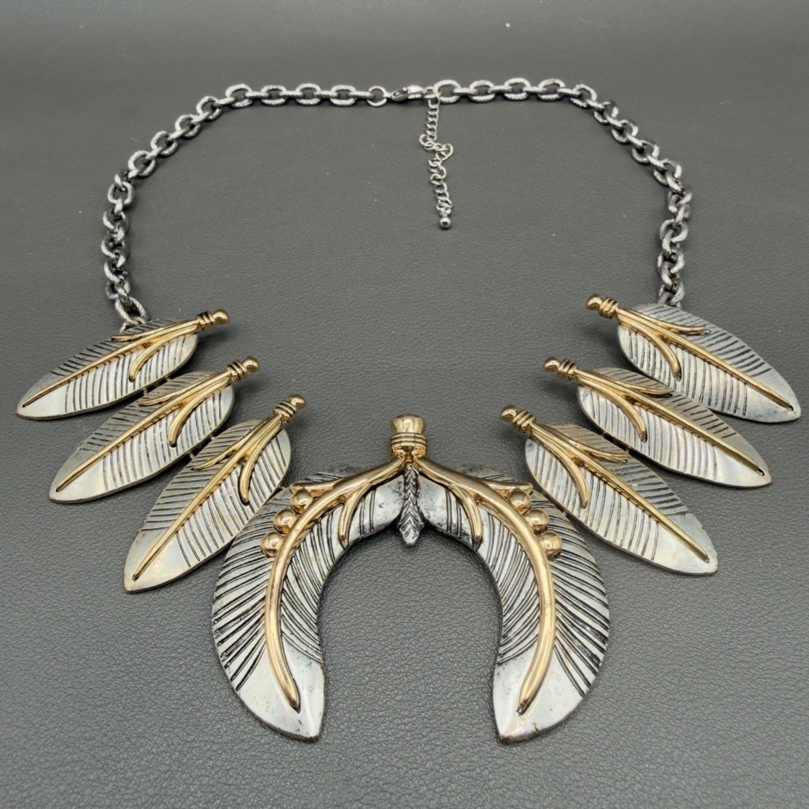 Mixed Metal Feather Boho Statement Necklace Earring Set Southwestern Chunky