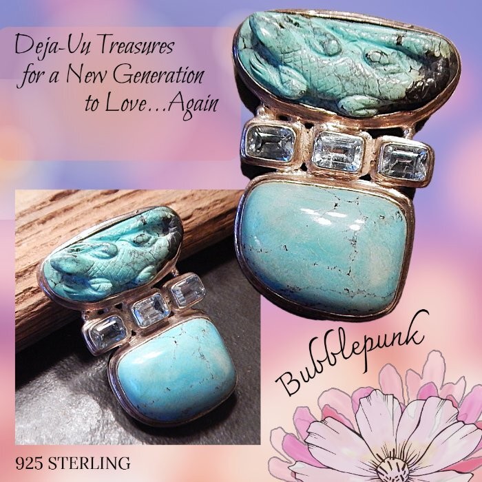 Carved Lizard Turquoise Blue Topaz 925 Sterling Silver Enhancer Pendant 24.3g K1