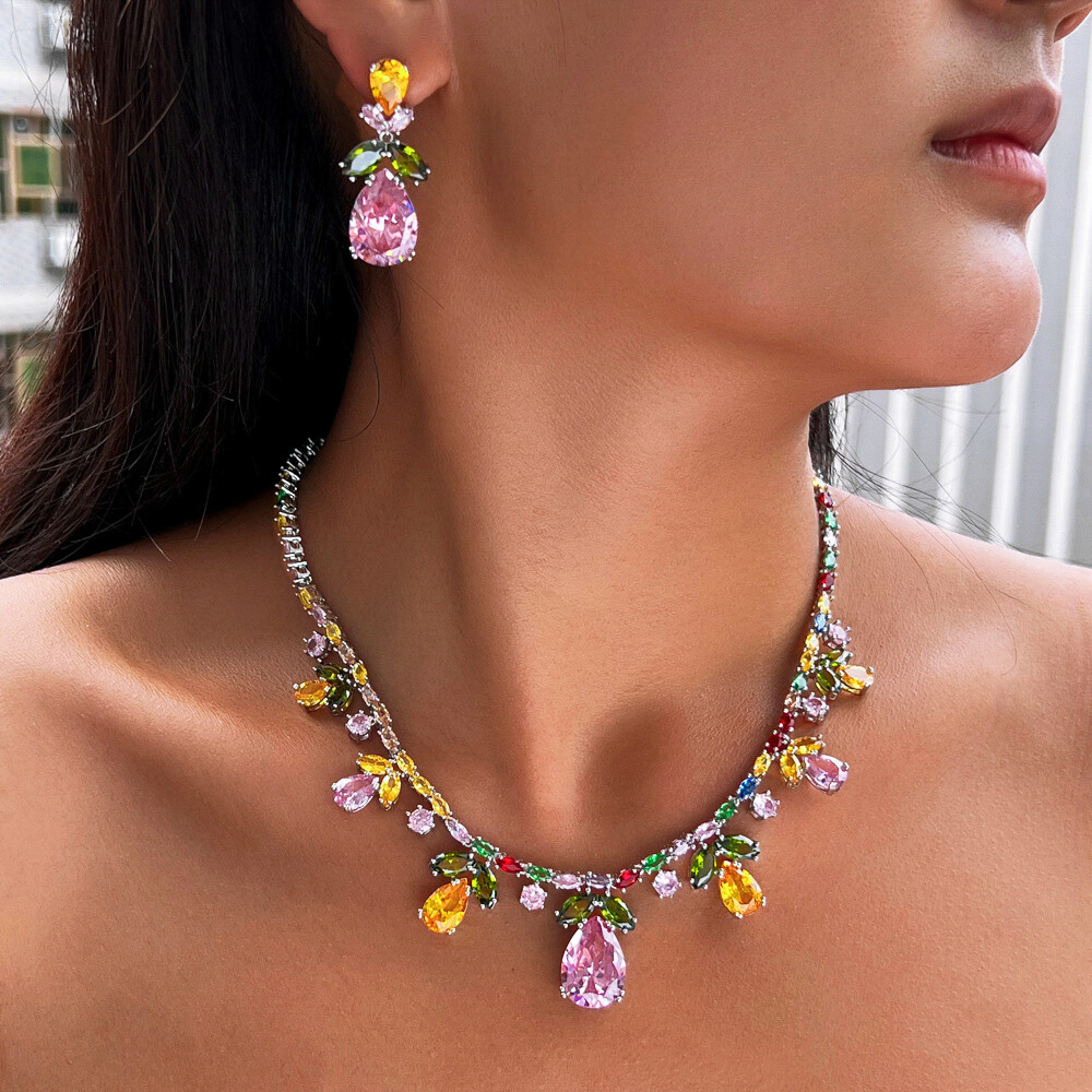 Chic Multicolor Drop Leaf Wedding Necklace Earrings Silver Plated CZ Jewelry Set