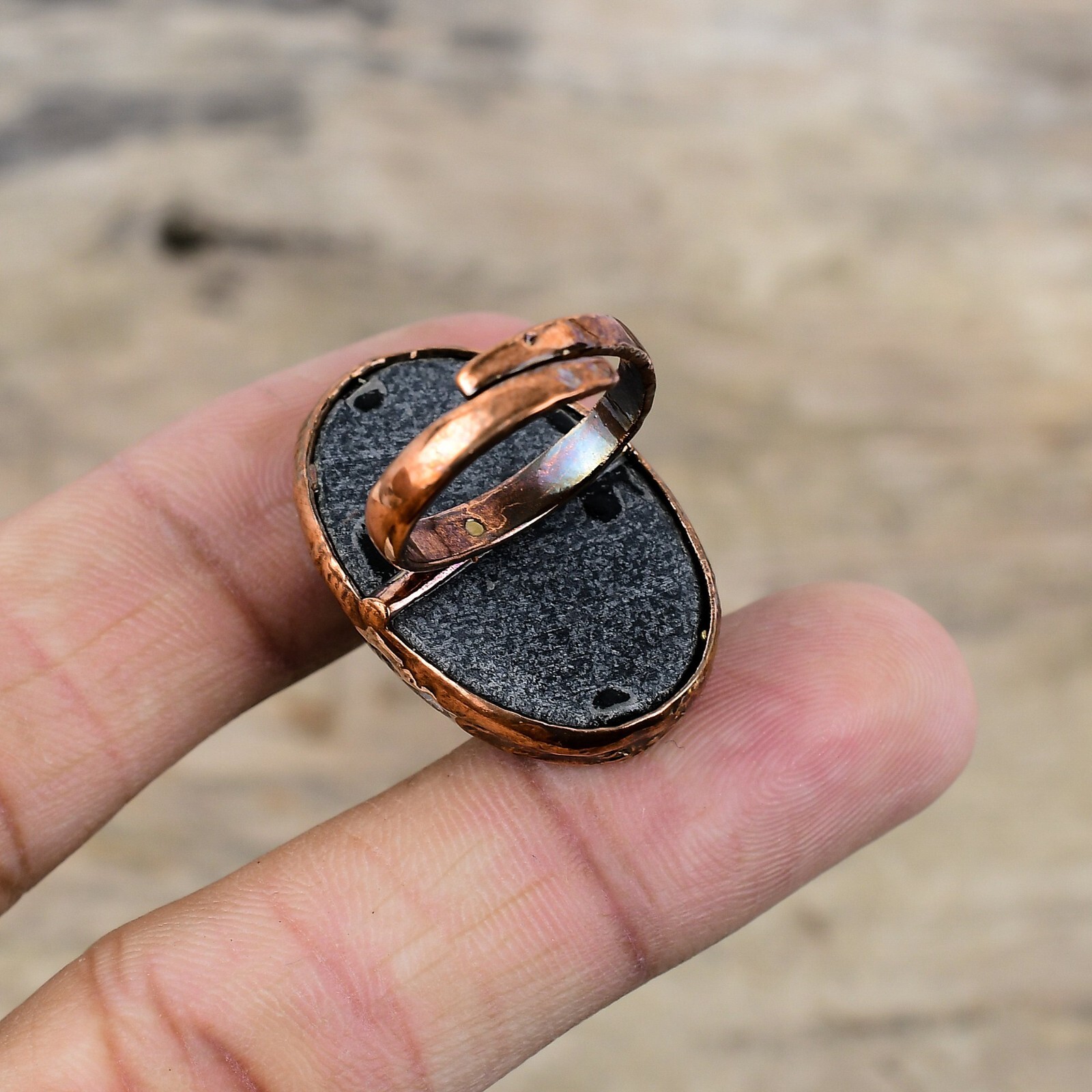 Copper Oval Abalone Shell Stone Bezel Electroformed Promise Ethnic Ring Jewelry