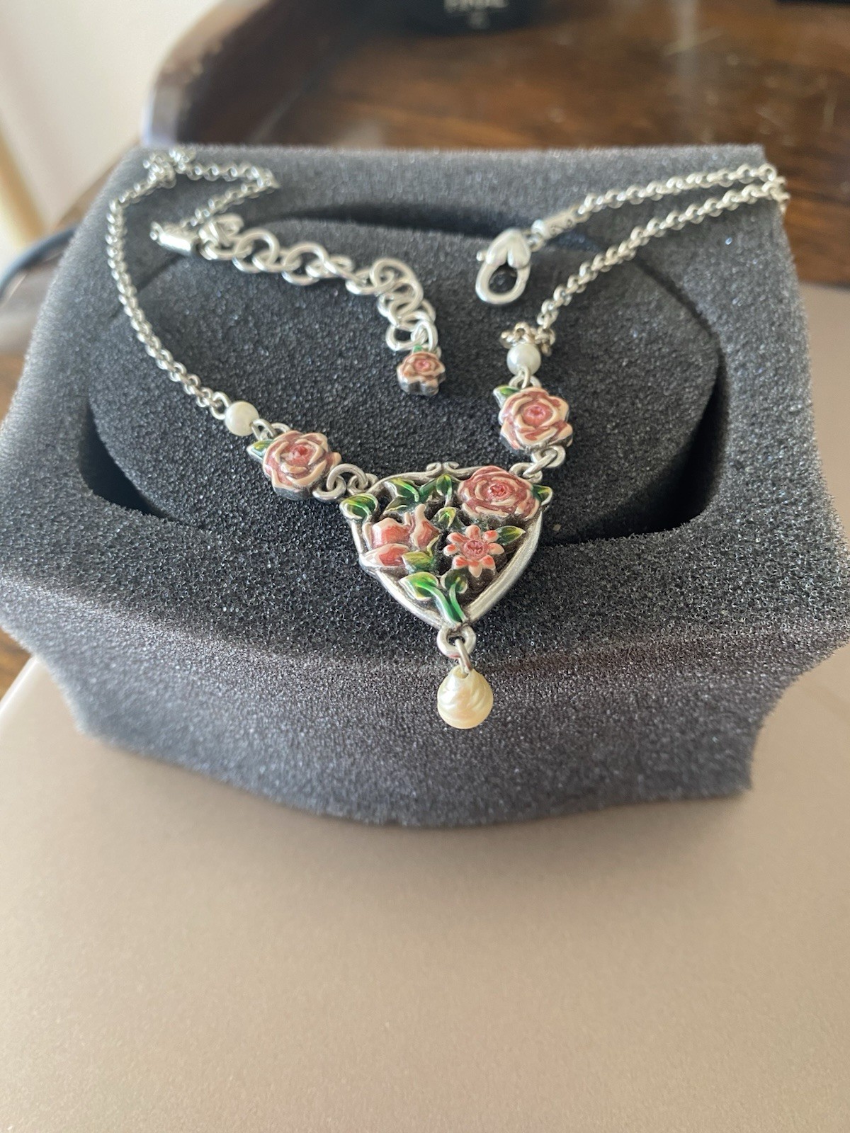 Brighton Pearl and Enamel Rose Necklace Very Good Condition