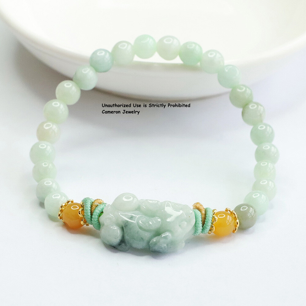 Real Natural Green White Jade Jadeite Women Lucky Pixiu 6mm Beads Bracelet