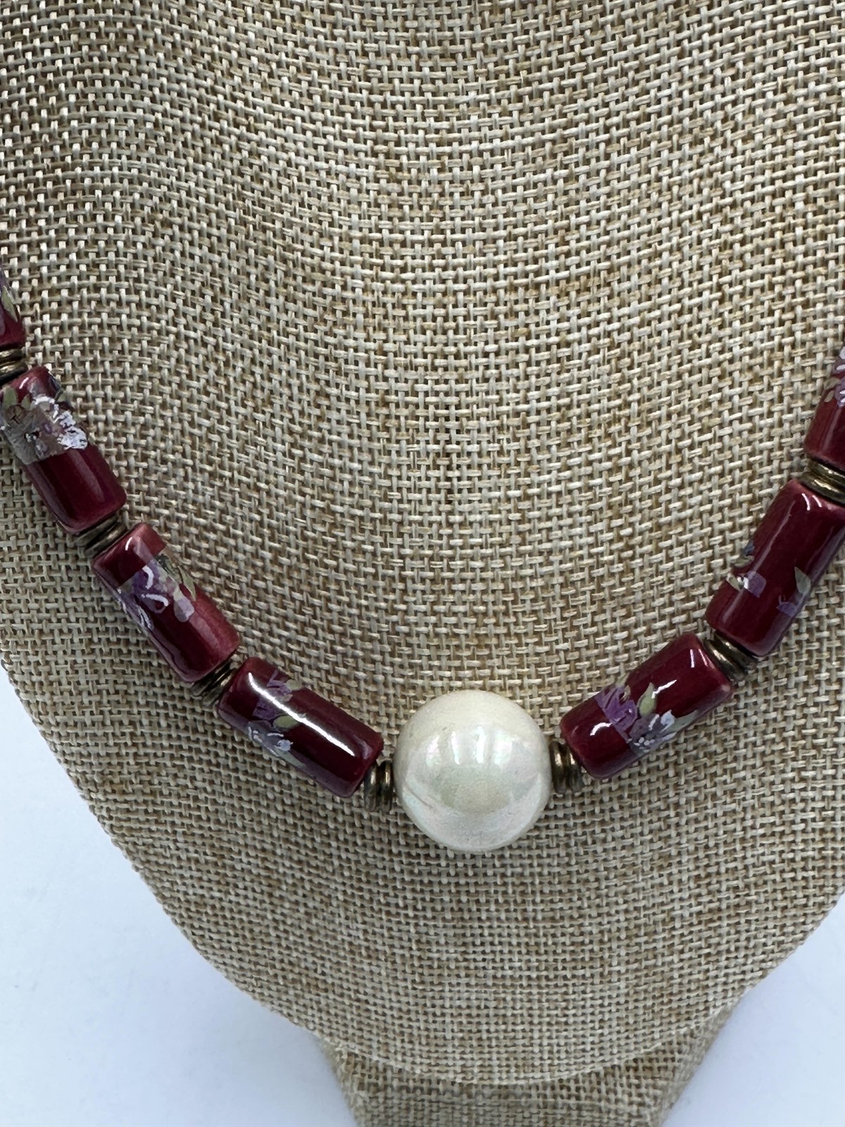 Red Floral Tube Bead Necklace Large White Center Bead Lobster Clasp Jewelry