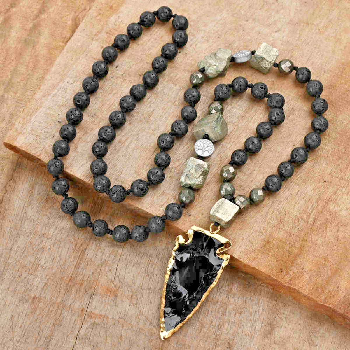 Natural Lava Rock + Black Obsidain Arrow Pendant Necklace Healing Necklace