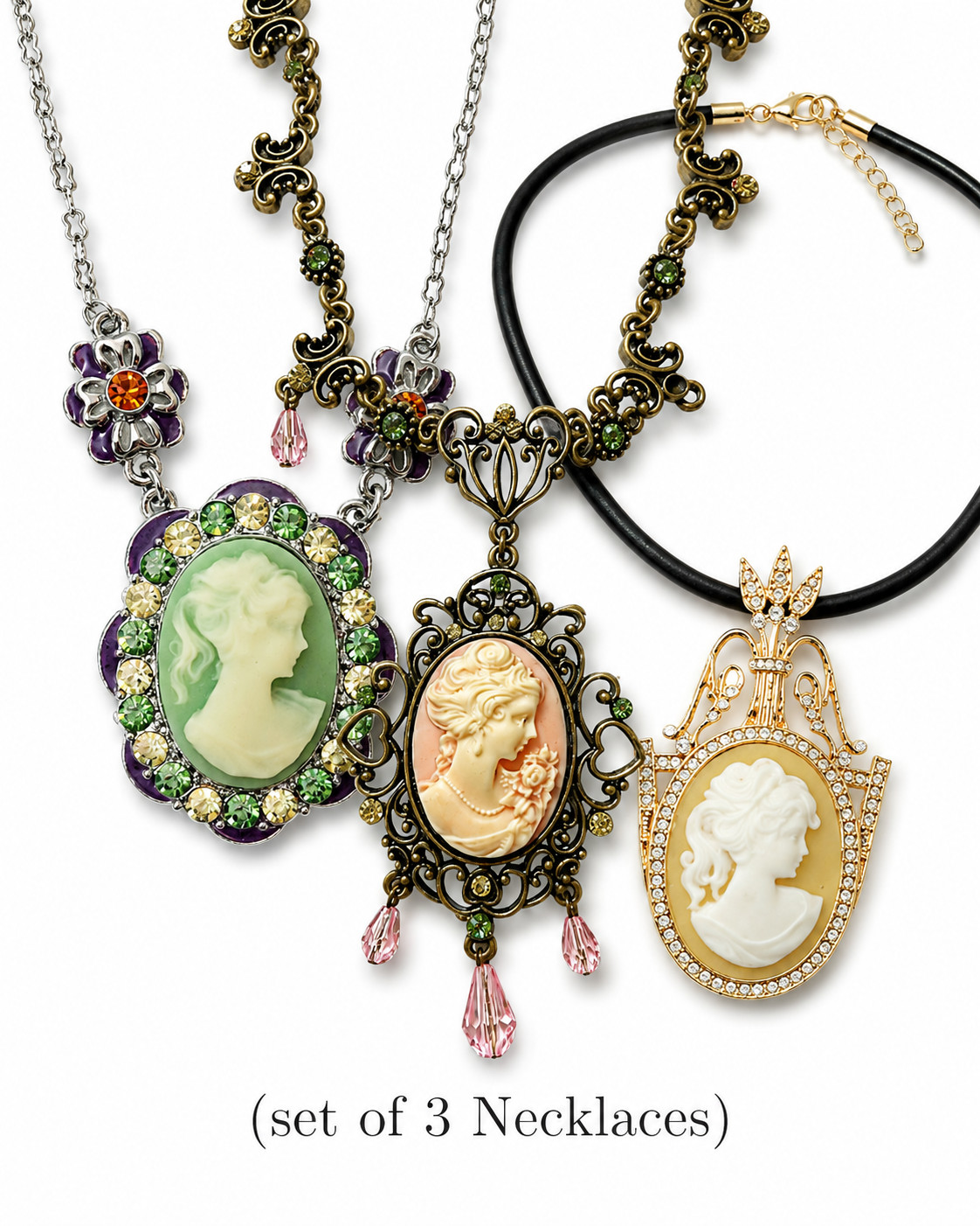 （3 PC Set） New Vintage Style Lady Cameo Black GreenCrystals Charm Chain Necklace