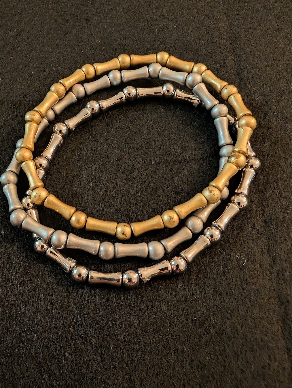 Set of 3 Bamboo Link Stretch Bracelets | Silver Pewter Antique Brass