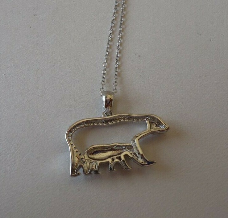 MAMA BEAR W/ BABY BEAR NECKLACE PENDANT W/LAB ACCENTS/ 925 STERLING SILVER/18”