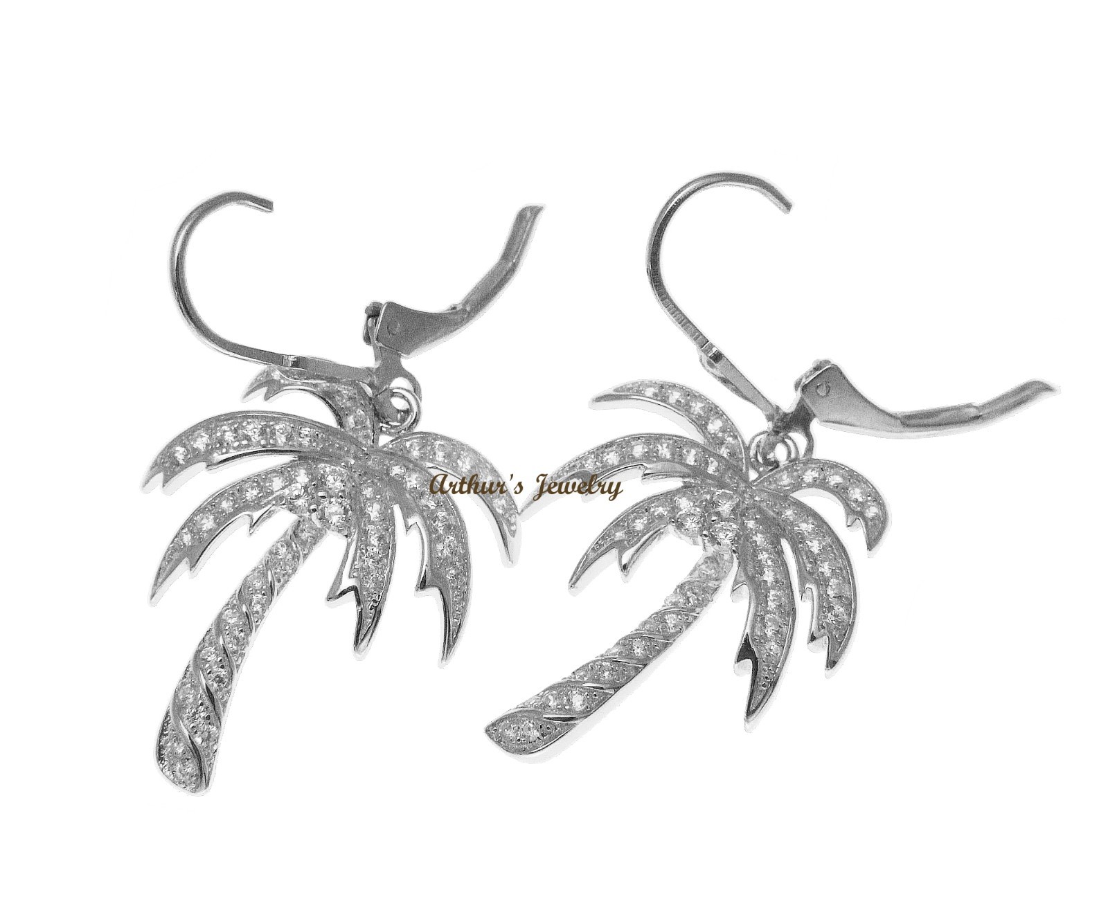 RHODIUM PLATED SILVER 925 BLING CZ HAWAIIAN PALM TREE LEVERBACK EARRINGS