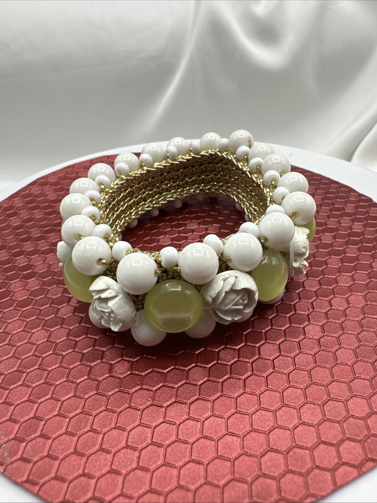 Vtg Carved Roses/ White Beads/ Green Buttons Knitted over gold threads bracelet