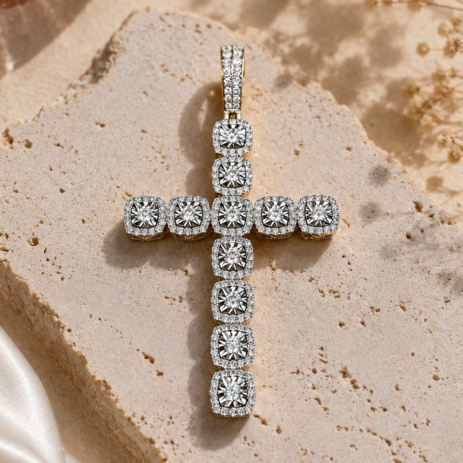 14K Yellow Gold Cross Charm Pendant White Round Stones Barcode:- 81460