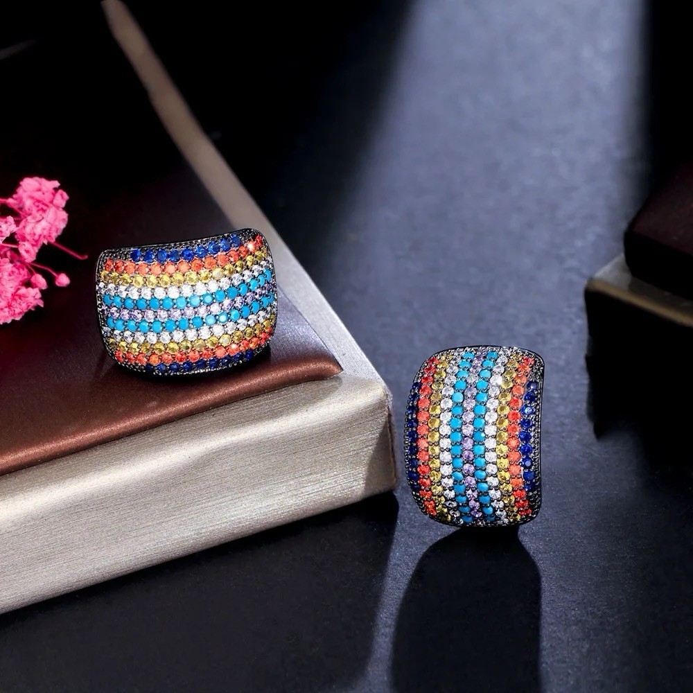 Unique Micro Pave Cubic Zirconia Colorful Statement Big Rectangle Stud Earrings