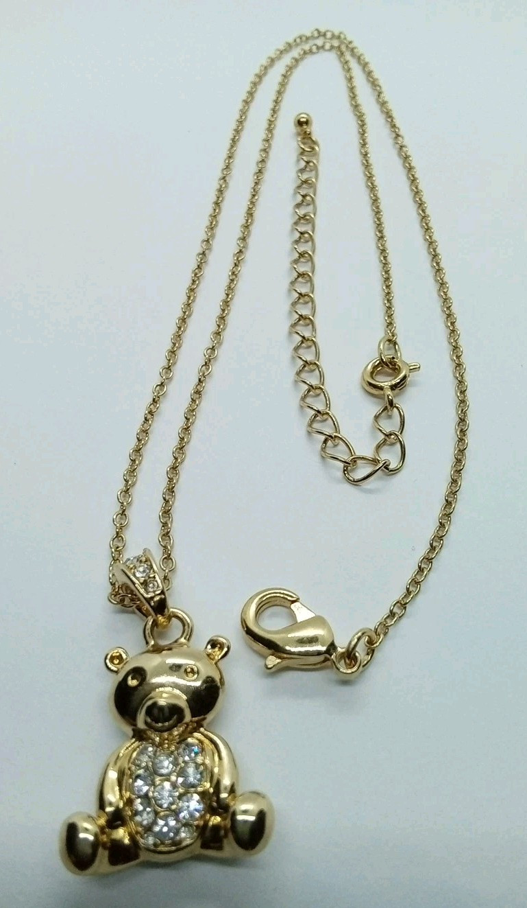 Cute Signed NVC Teddy Bear Goldtone Rhinestone Pendant Necklace #208