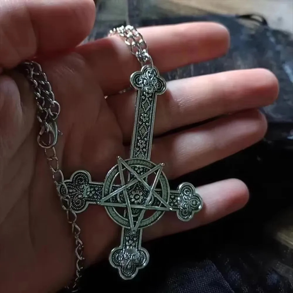 cross Inverted necklace, Gothic jewelry, Pentagram, Retro, Pagan, Witchcraft, pu