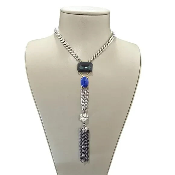 Women’s Statement Green & Blue Stone Silver & Gold Plated Tassel Necklace NWOT