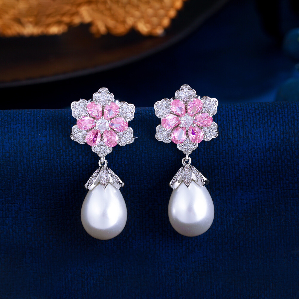 Beauty Silver Plated Cubic Zircon Ladies Pink Flower Pearl Dangle Drop Earrings