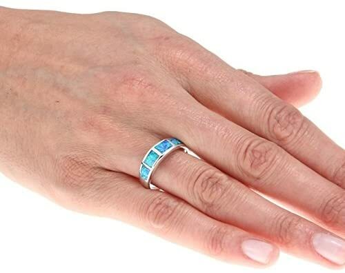 Women’s 925 Sterling Silver Created Blue Opal Band Ring Sizes 6-9 Gift