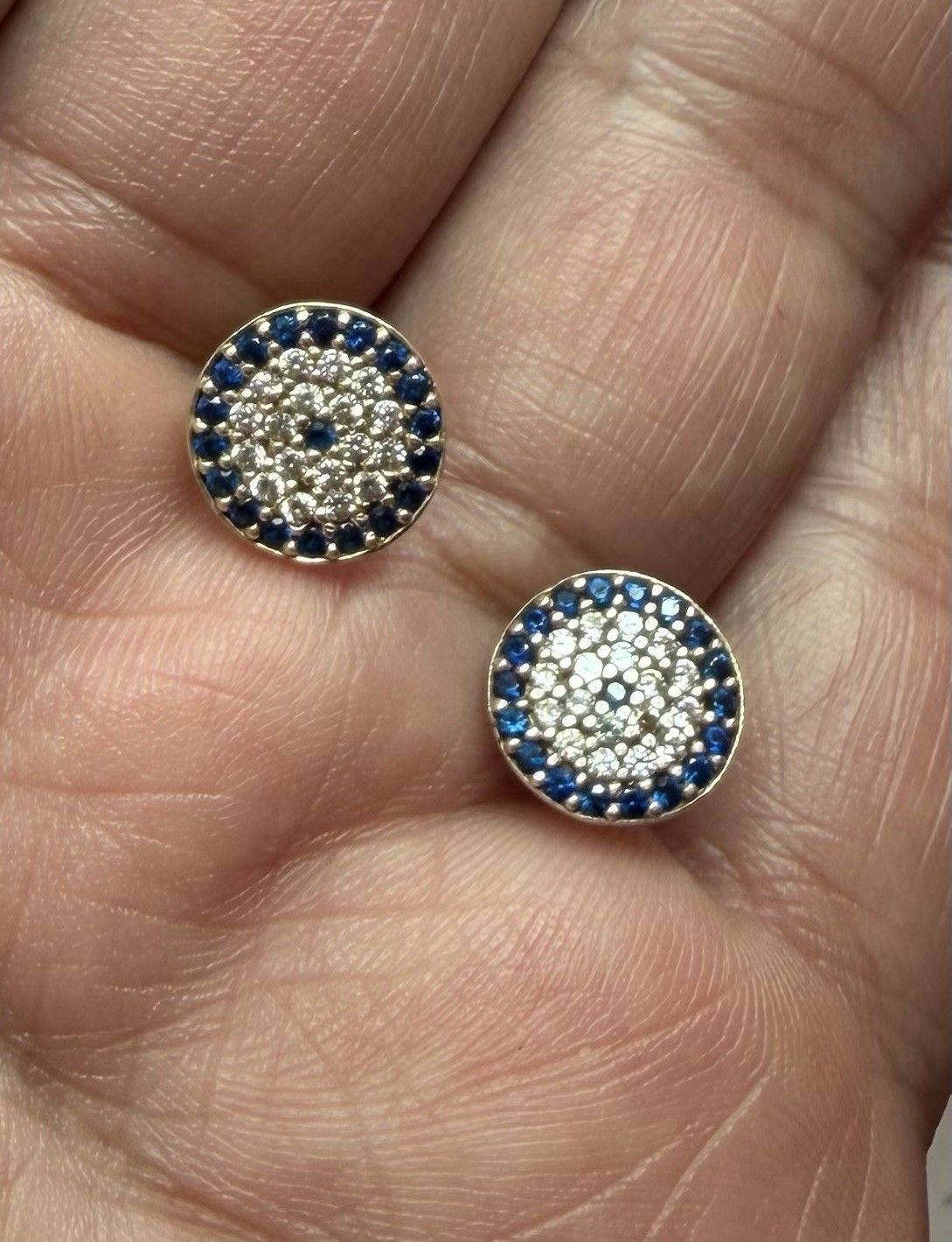 Round Blue & White Pavé Halo Stud Earrings Gold Tone, Butterfly Closure
