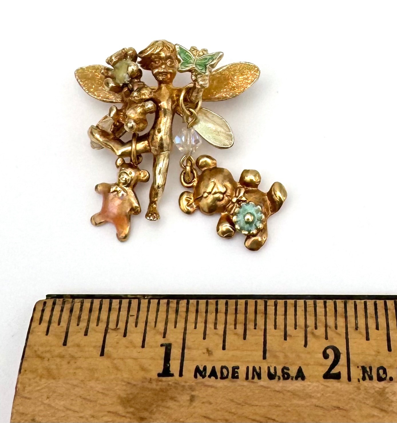 VTG Kirks Folly Fairy Brooch Pin Gold Tone Dangle Bears Butterfly Enamel Signed