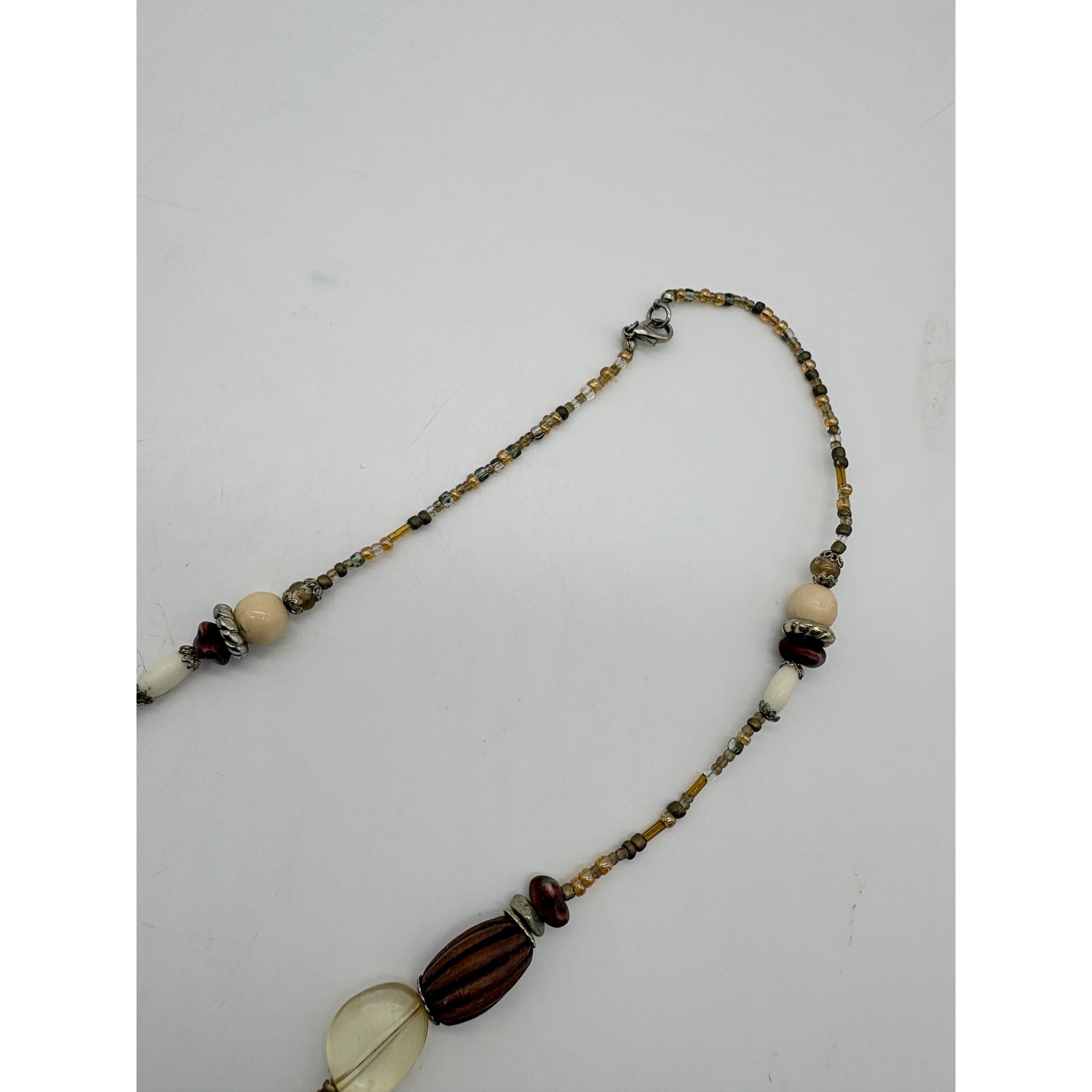 Bohemian Long Beaded Necklace Brown Cream Earthy Tones Mixed Media 36 Inch