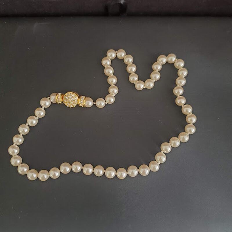 Nolan Miller Faux Pearl Necklace Crystal Button Clasp Gold Tone Convertible