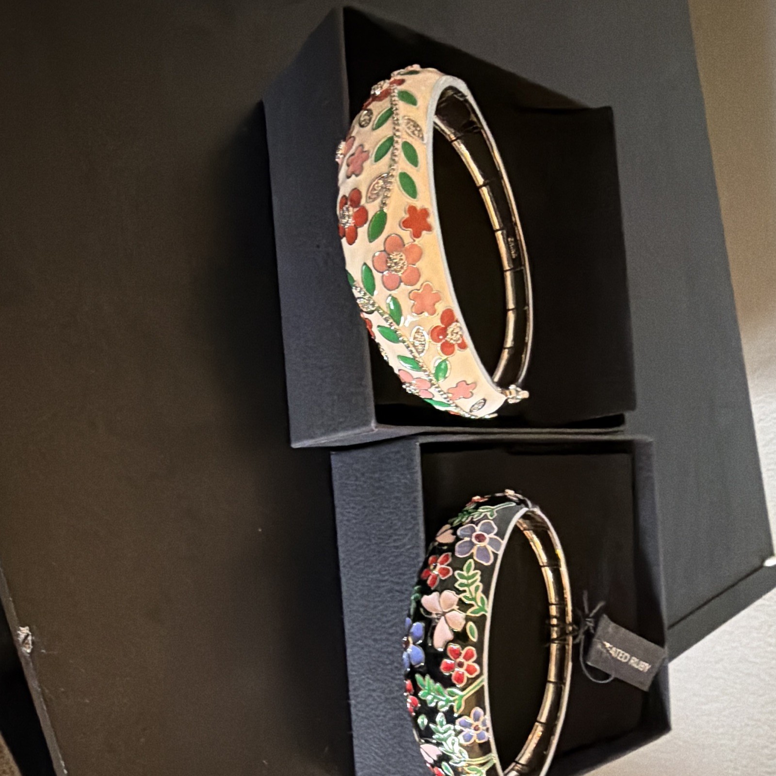 2 Floral Enamel Hinged Bangle Bracelets w/ Lab-Created Ruby Accents