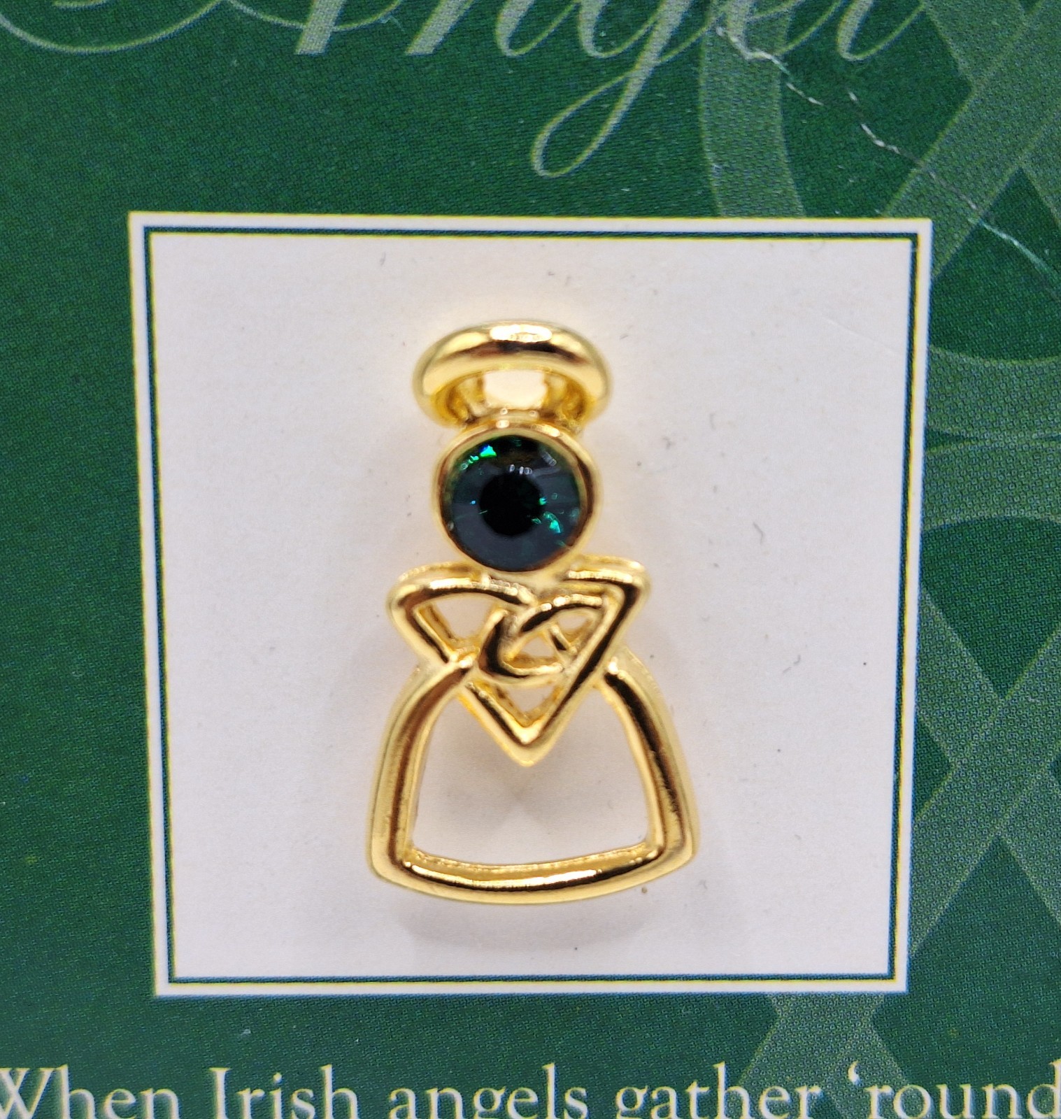 Roman Inc. Celtic Angel Irish Jewelry Pin Green Emerald Celtic Knot Angel NEW