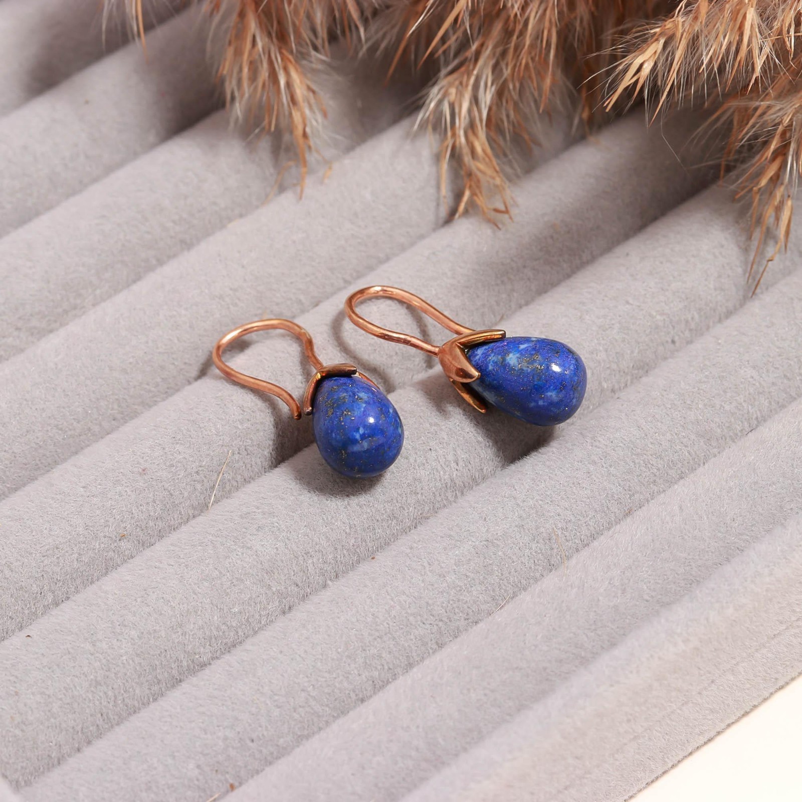 Natural Lapis Lazuli Teardrop Dangle Earring Rose Gold Fill Solid Silver Jewelry