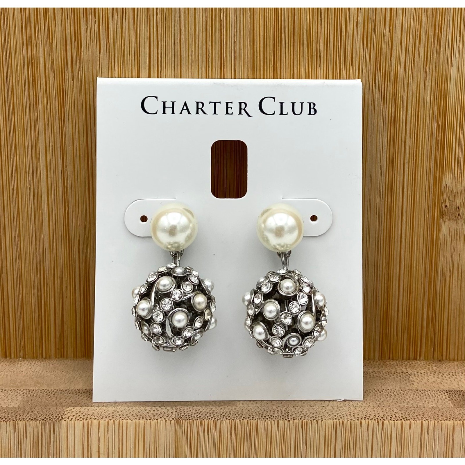 Charter Club Silver Tone Faux Pearl Rhinestone Disco Ball Drop Earrings READ