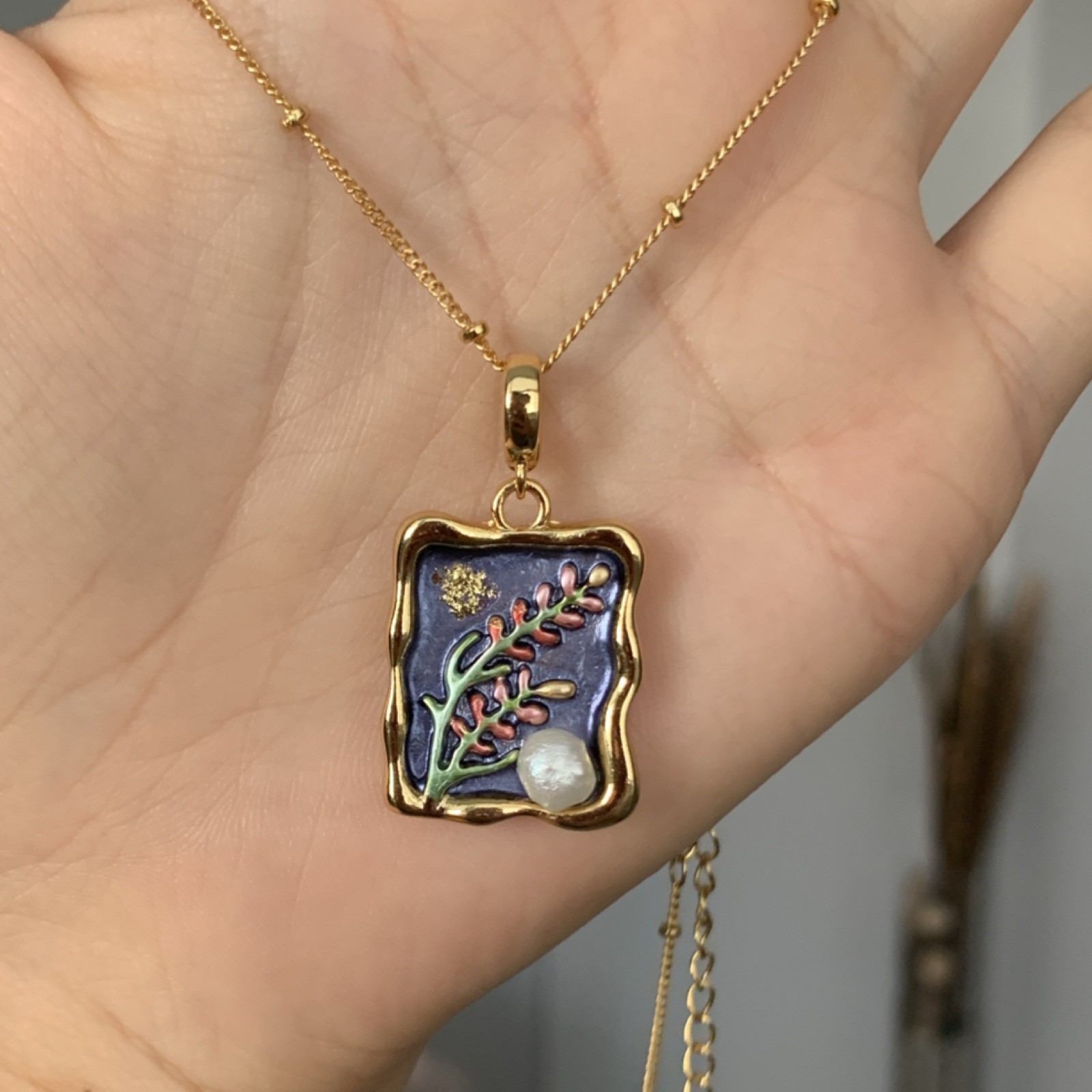 Gold Tone Cable Chain Necklace w/ Enamel Floral Rectangle Charm, White Pearl