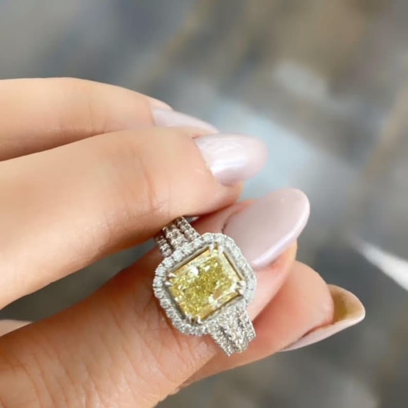 Fancy Yellow 3 Rows Shank Diamond Ring Radiant Cut CZ Diamond Engagement Ring