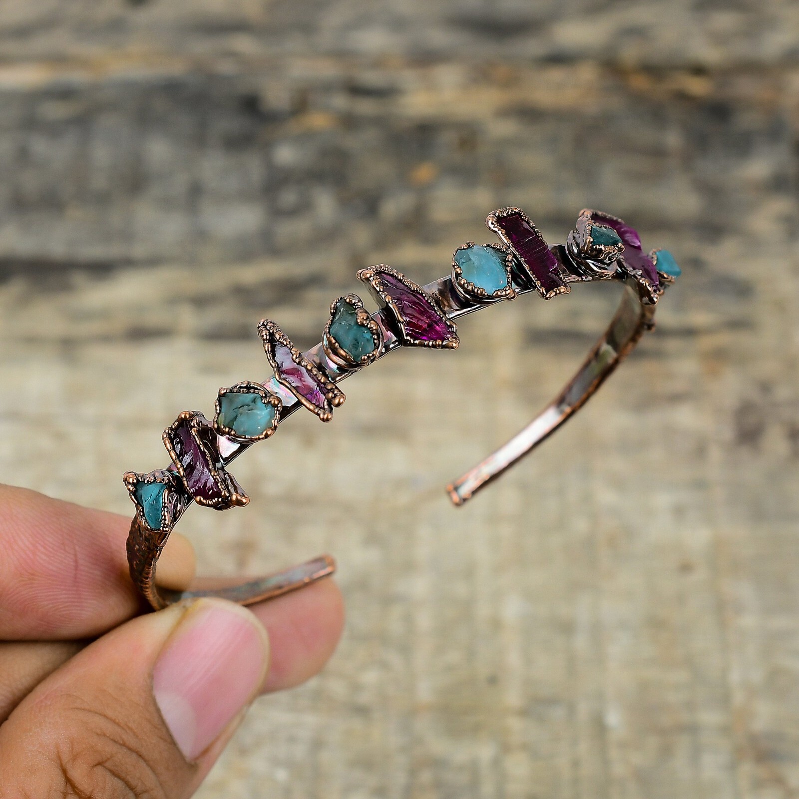 Aquamarine Rough Electroformed Adjustable Bangle Handcrafted Copper Partywear