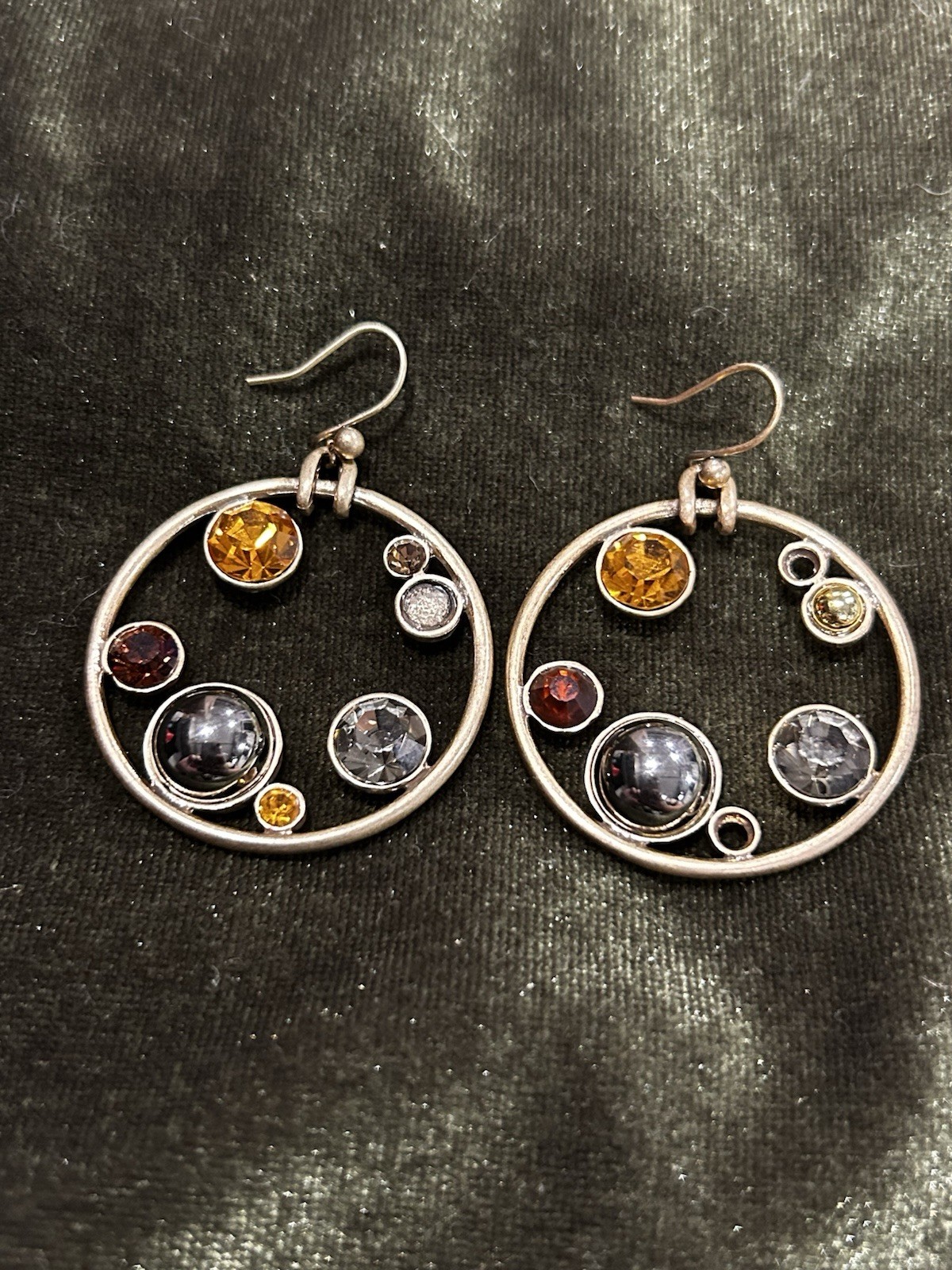 Silver Tone Round Dangle Drop Earrings Multicolor Crystal Hook For Lobe